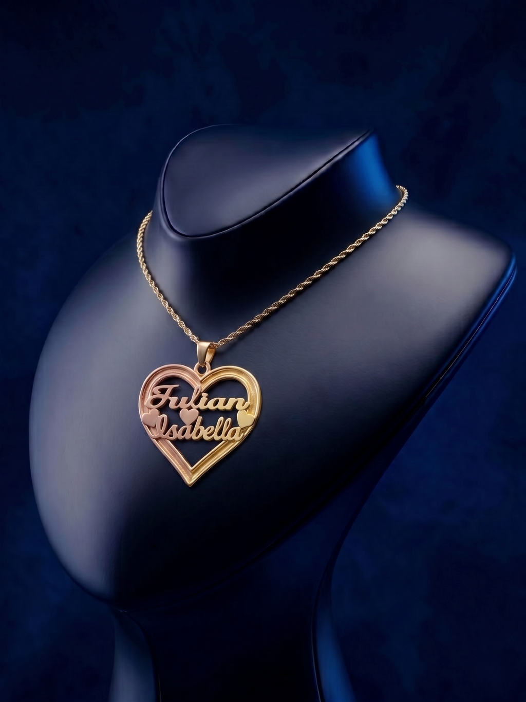 Personalized two-name necklace in 3D multi-tone gold heart design, premium custom gold lettering jewelry crafted in 18k solid gold style, signature handmade piece by master jewelers for elegant everyday wear.