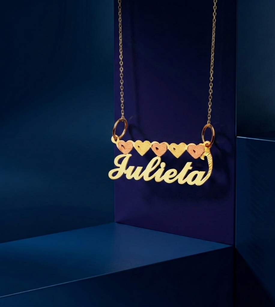 High-end custom nameplate pendant featuring tri-color gold styling and elegant script font, a premium personalized gift crafted with precision by expert jewelers at CustomGolds INC.