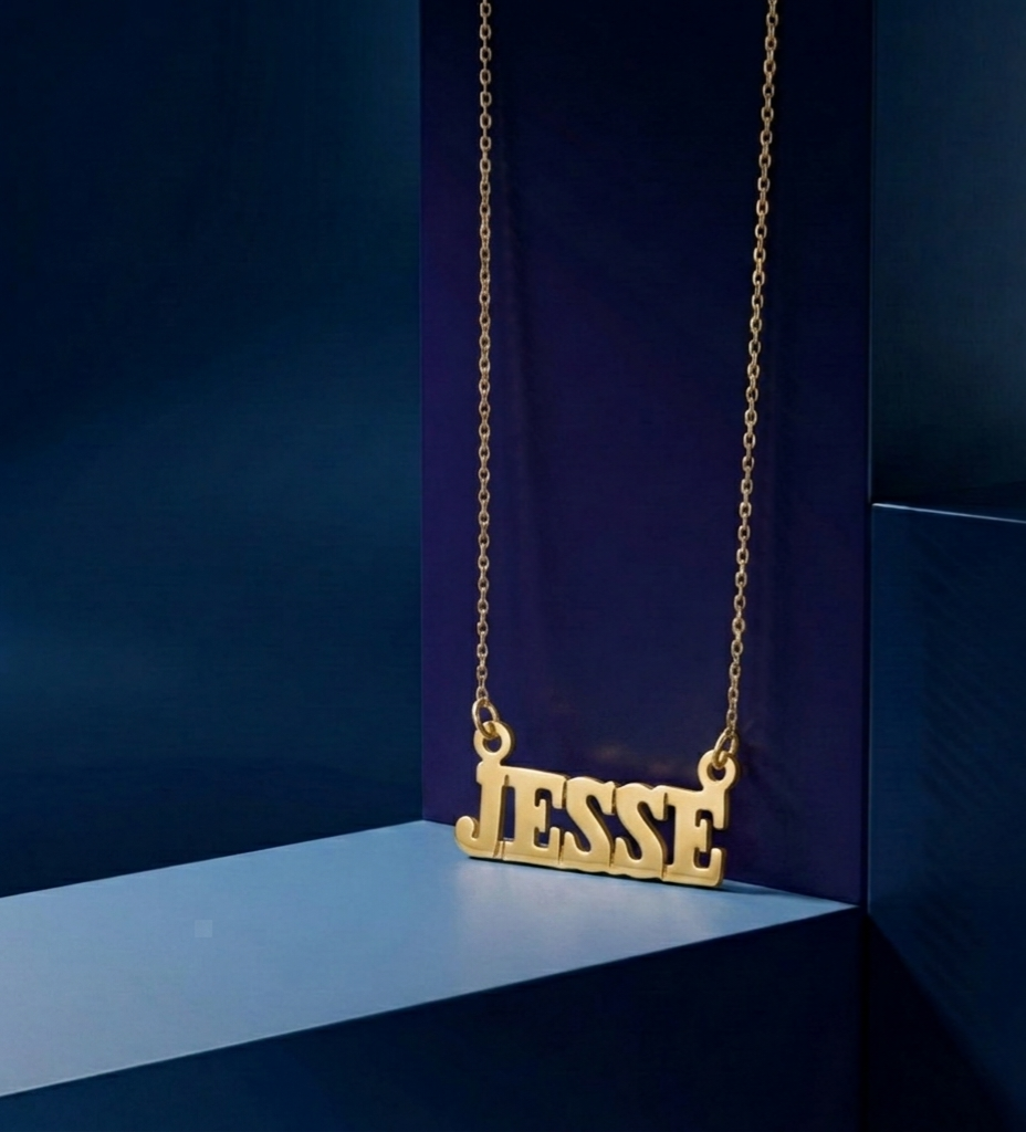 Bespoke 18k gold plated gothic name pendant with satin-polish finish and signature custom lettering handcrafted by Los Angeles fine jewelry experts at CustomGolds INC⁠