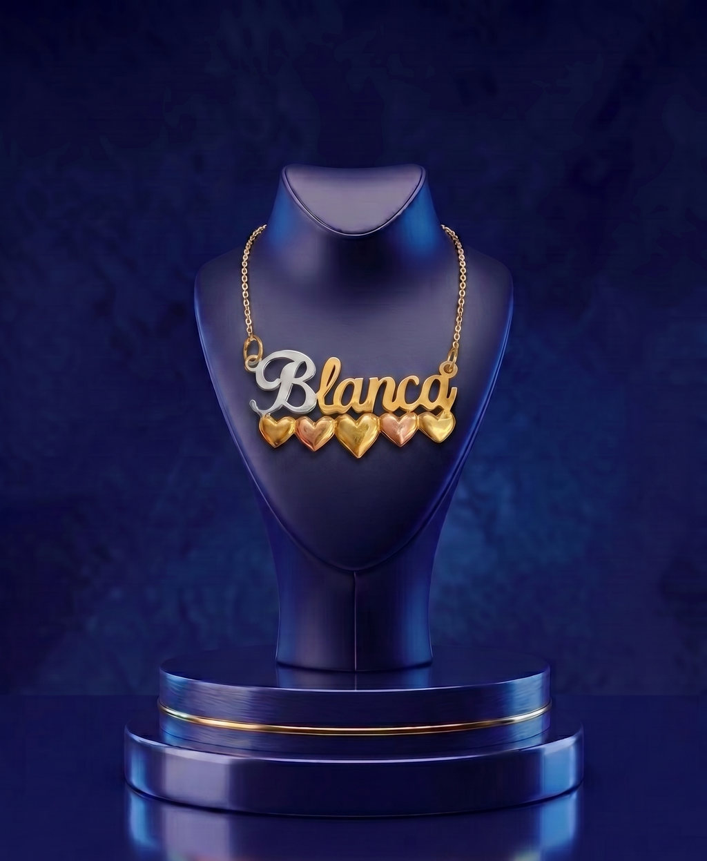 Personalized 3D name necklace with multi-tone heart accents, crafted in 14k and 18k gold by CustomGolds INC, featuring a high-polish handcrafted nameplate pendant with luxury custom design.
