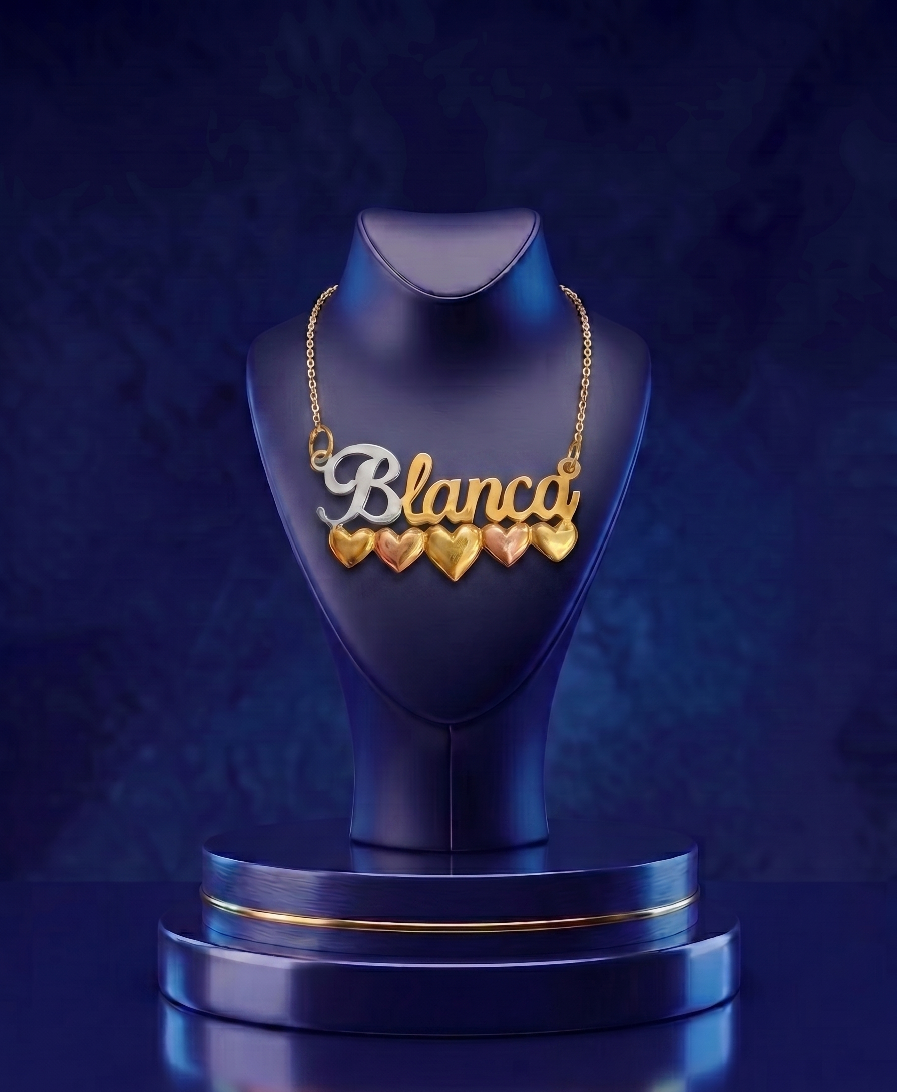 Personalized 3D name necklace with multi-tone heart accents, crafted in 14k and 18k gold by CustomGolds INC, featuring a high-polish handcrafted nameplate pendant with luxury custom design.