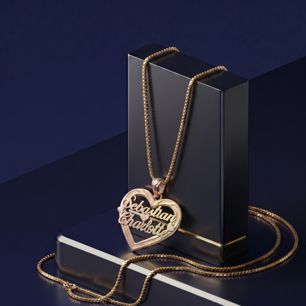 Handcrafted custom name necklace in yellow gold featuring a 3D multi-tone heart design, premium personalized jewelry with signature script engraving.