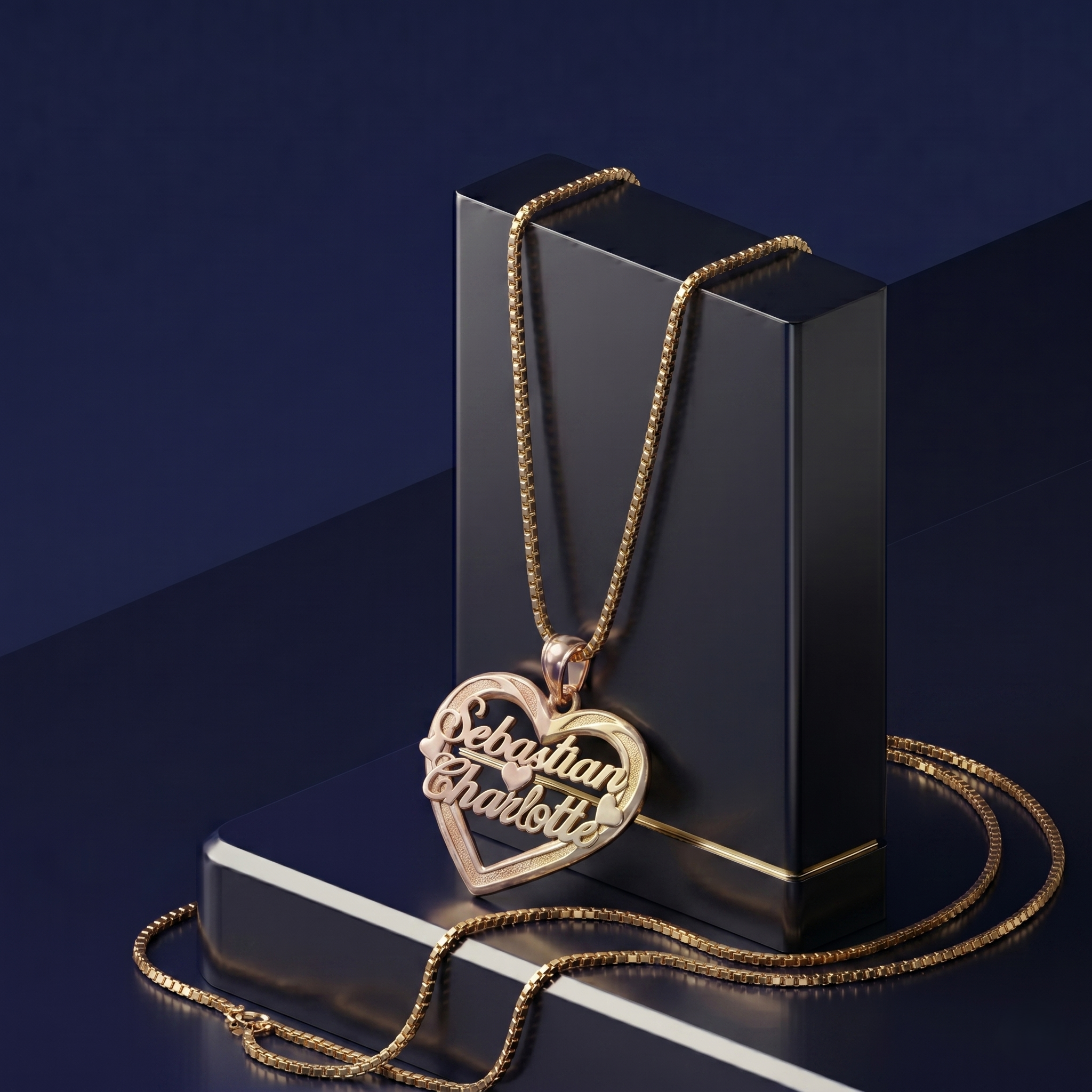 Handcrafted custom name necklace in yellow gold featuring a 3D multi-tone heart design, premium personalized jewelry with signature script engraving.