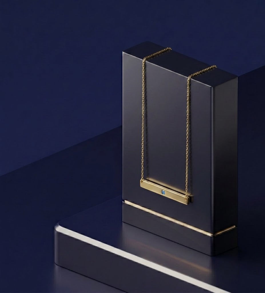 Luxury personalized gift – minimalist gold bar pendant with blue gemstone, master jeweler handcrafted signature custom jewelry with soft-polish satin finish by CustomGolds INC