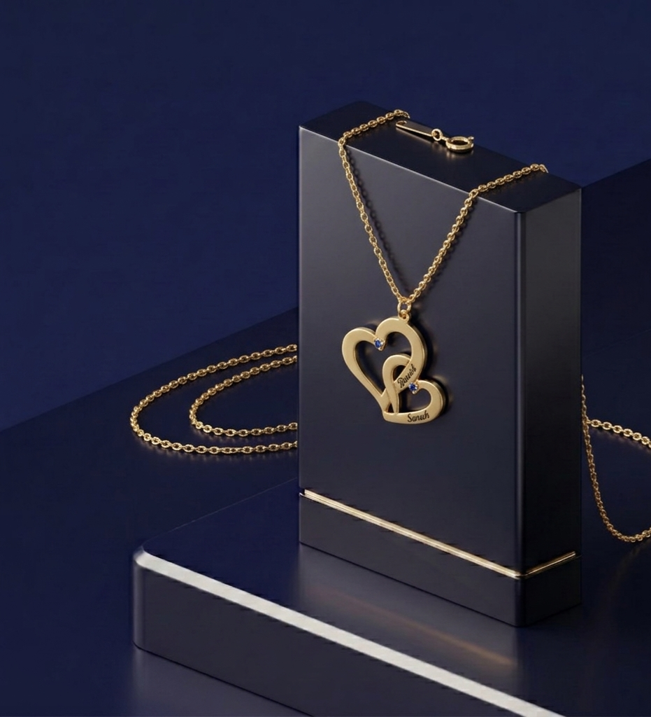 Bespoke script name necklace with interlocking heart nameplate pendant, premium personalized jewelry in soft-polish satin finish over gold vermeil by CustomGolds INC 