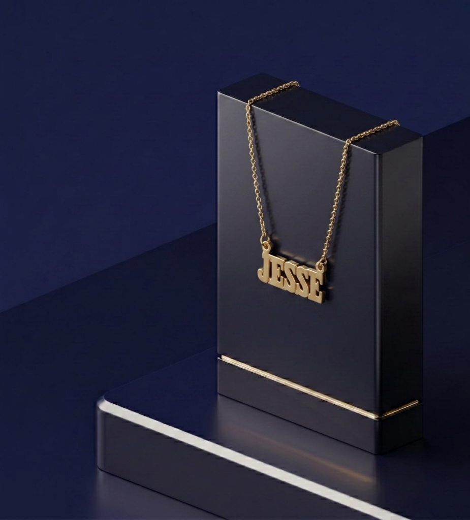Handcrafted personalized name necklace with gothic script lettering in yellow gold finish designed as a luxury custom jewelry gift for her by CustomGolds INC⁠