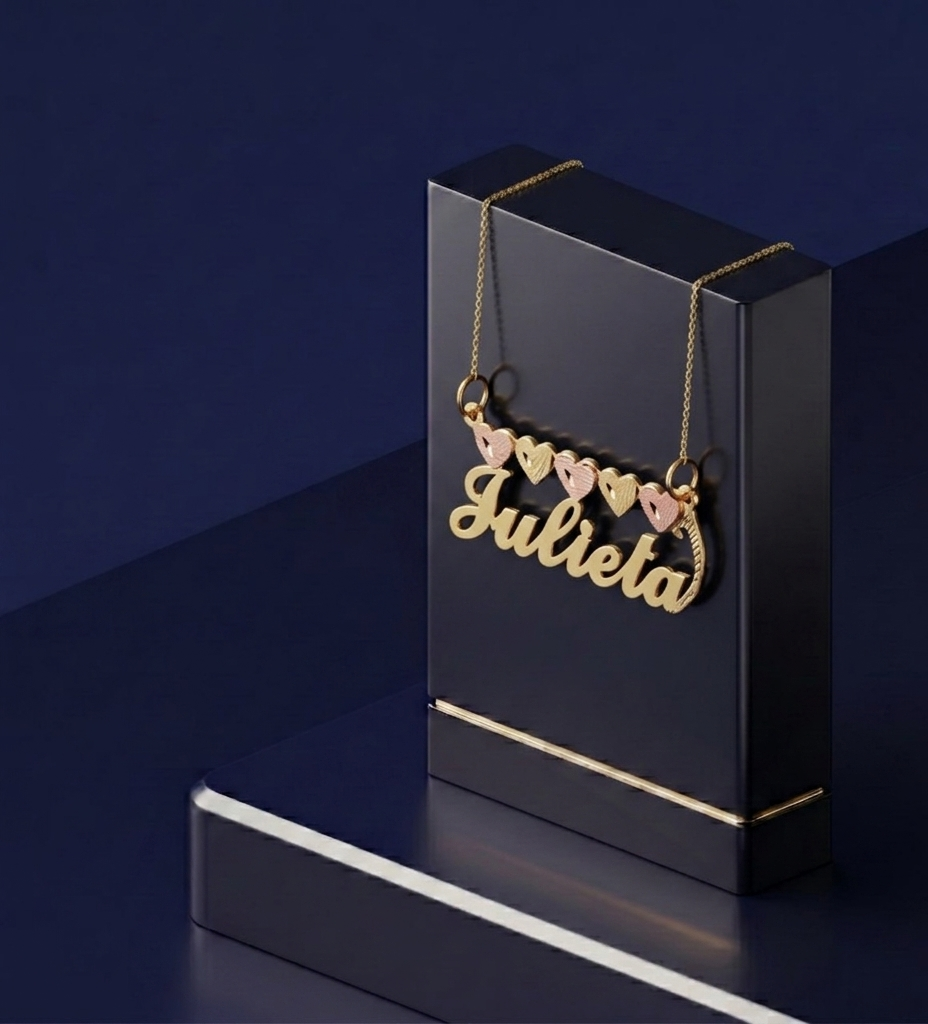 Personalized nameplate necklace in yellow and rose gold tones, designed with a soft-polish satin finish and custom script lettering, offering a high-end handcrafted jewelry piece from CustomGolds INC.