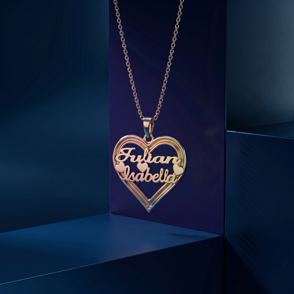 Bespoke 3D heart nameplate necklace with dual-name customization, signature CustomGolds INC jewelry piece, finely crafted with premium polished gold finish and elegant script nameplate design.
 