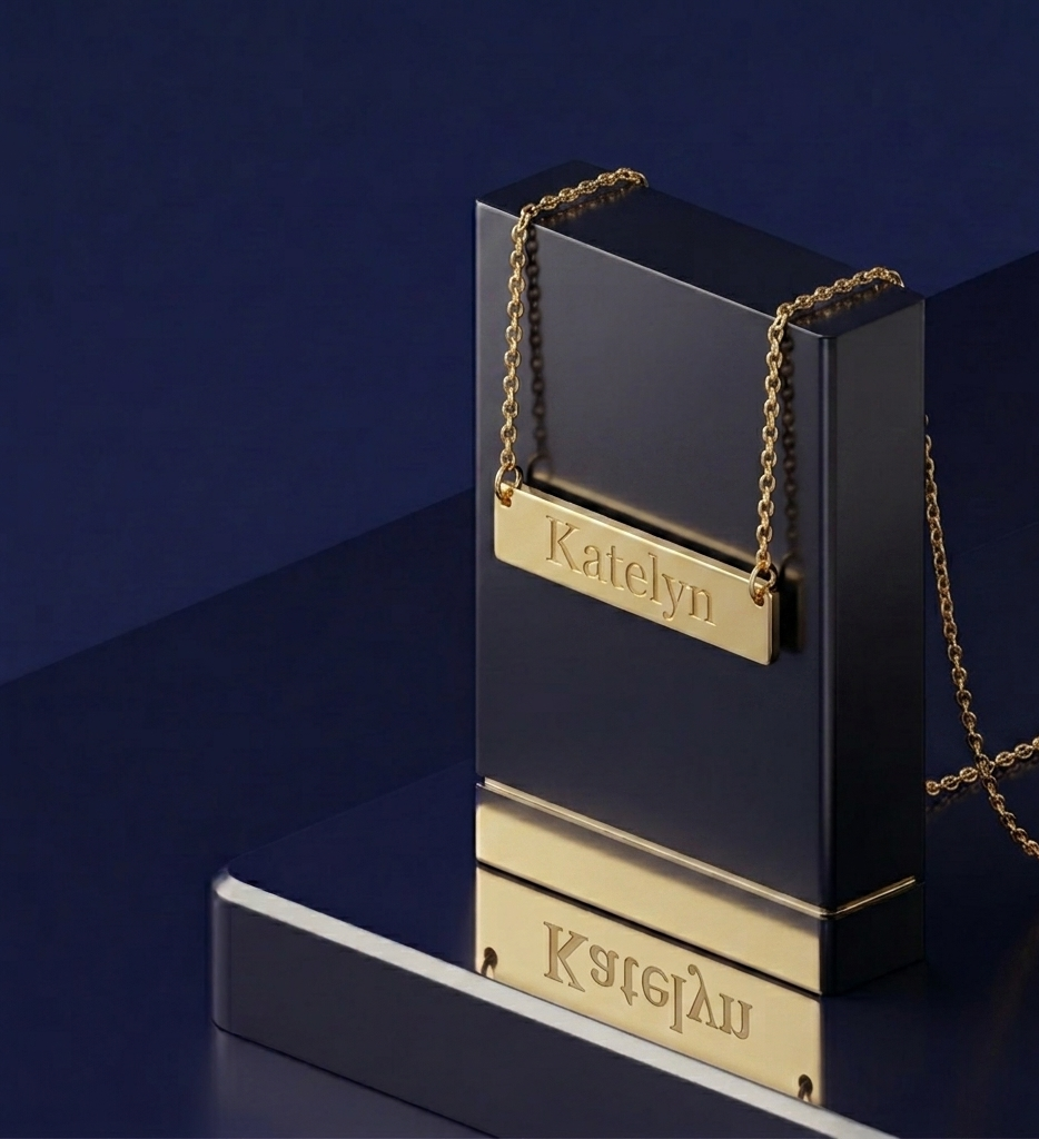 Handcrafted 18k gold horizontal name bar pendant with personalized lettering, luxury fine jewelry by CustomGolds INC