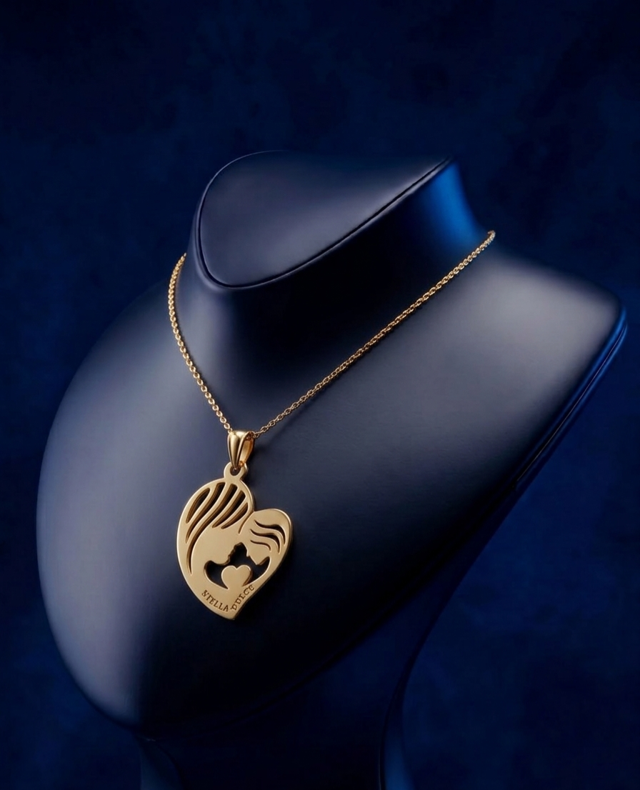 Elegant custom gold name necklace, Mother & Child cutout pendant in 18k gold, soft-polish satin finish, bespoke personalized fine jewelry crafted in Los Angeles.
