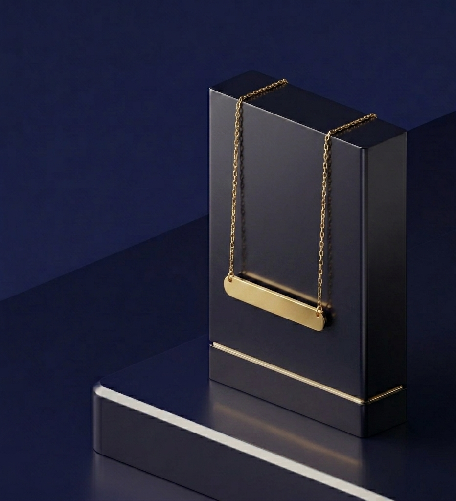Custom gold jewelry piece in 14k–18k gold featuring a personalized nameplate with custom gold lettering, luxury handcrafted design with high-polish finish by CustomGolds INC.