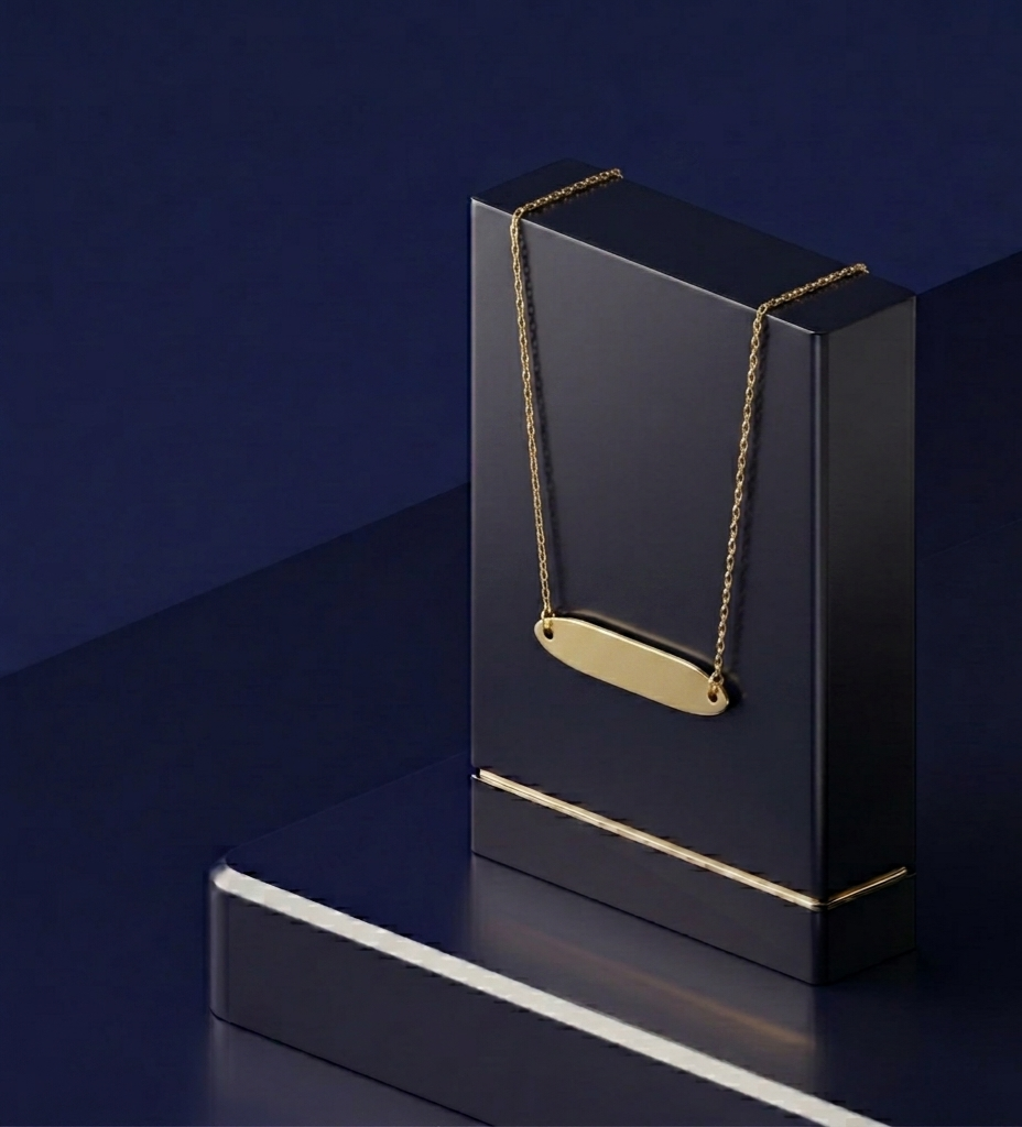 Elegant minimalist custom name necklace with oval bar pendant, crafted in solid gold and sterling silver with refined personalized luxury finish from CustomGolds INC.