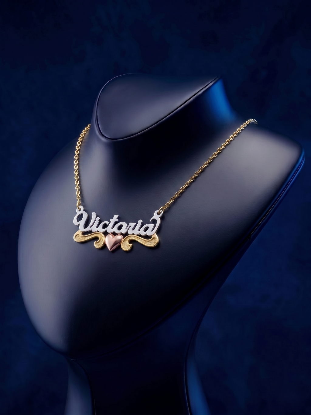 Personalized tricolor gold name necklace with delicate heart detail, luxury handcrafted pendant in high-polish 18k solid gold style by Los Angeles fine jewelry artisans.
