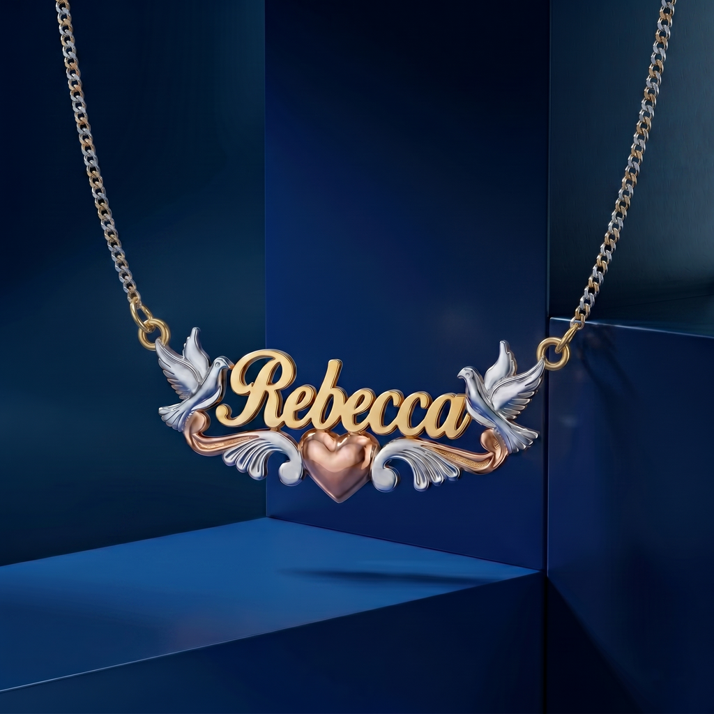 CustomGolds INC personalized nameplate pendant in multi-tone gold, featuring elegant script name design, high-end handcrafted finish, and luxury fine jewelry detailing.
