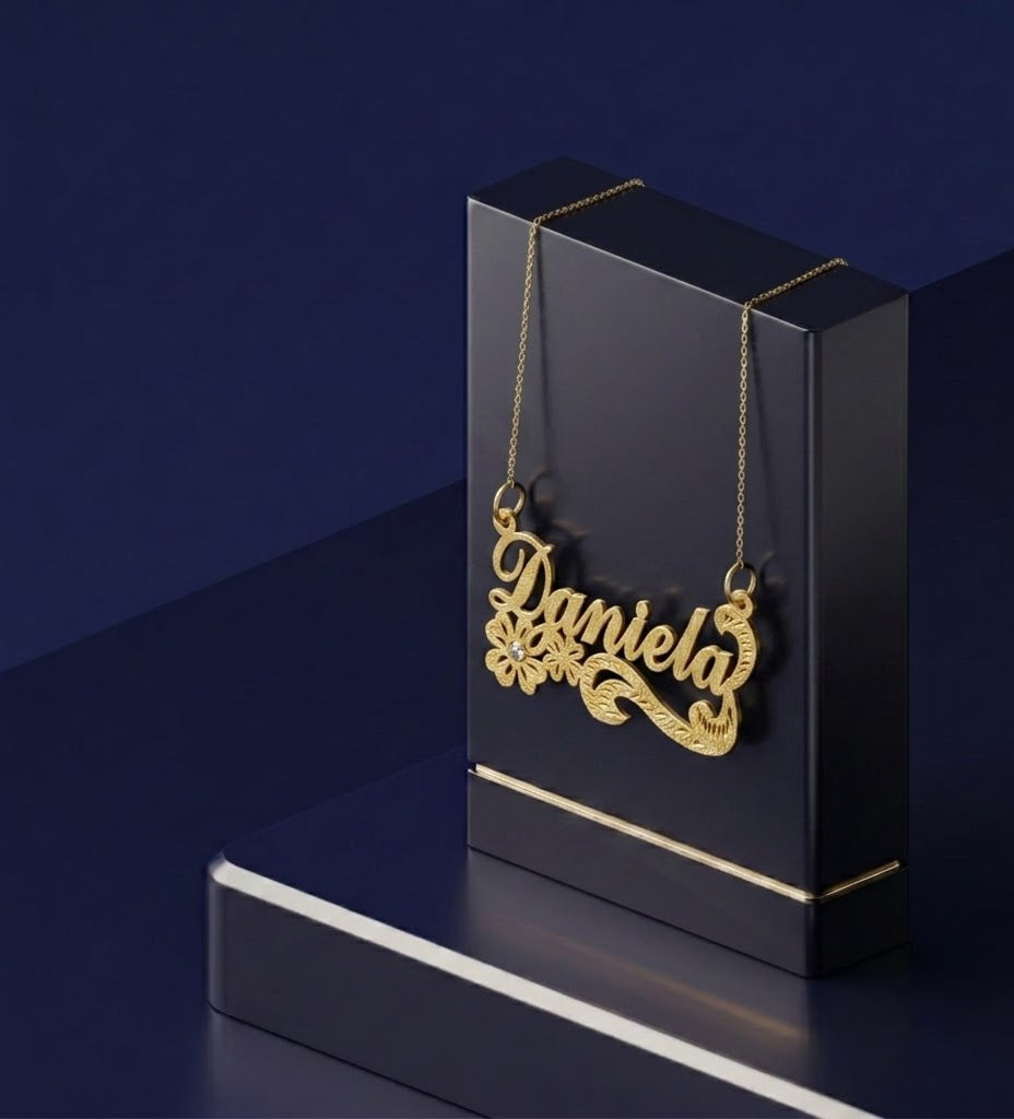 Diamond-cut custom gold lettering pendant with floral-inspired design, luxury personalized piece by CustomGolds INC designed for everyday elegance.