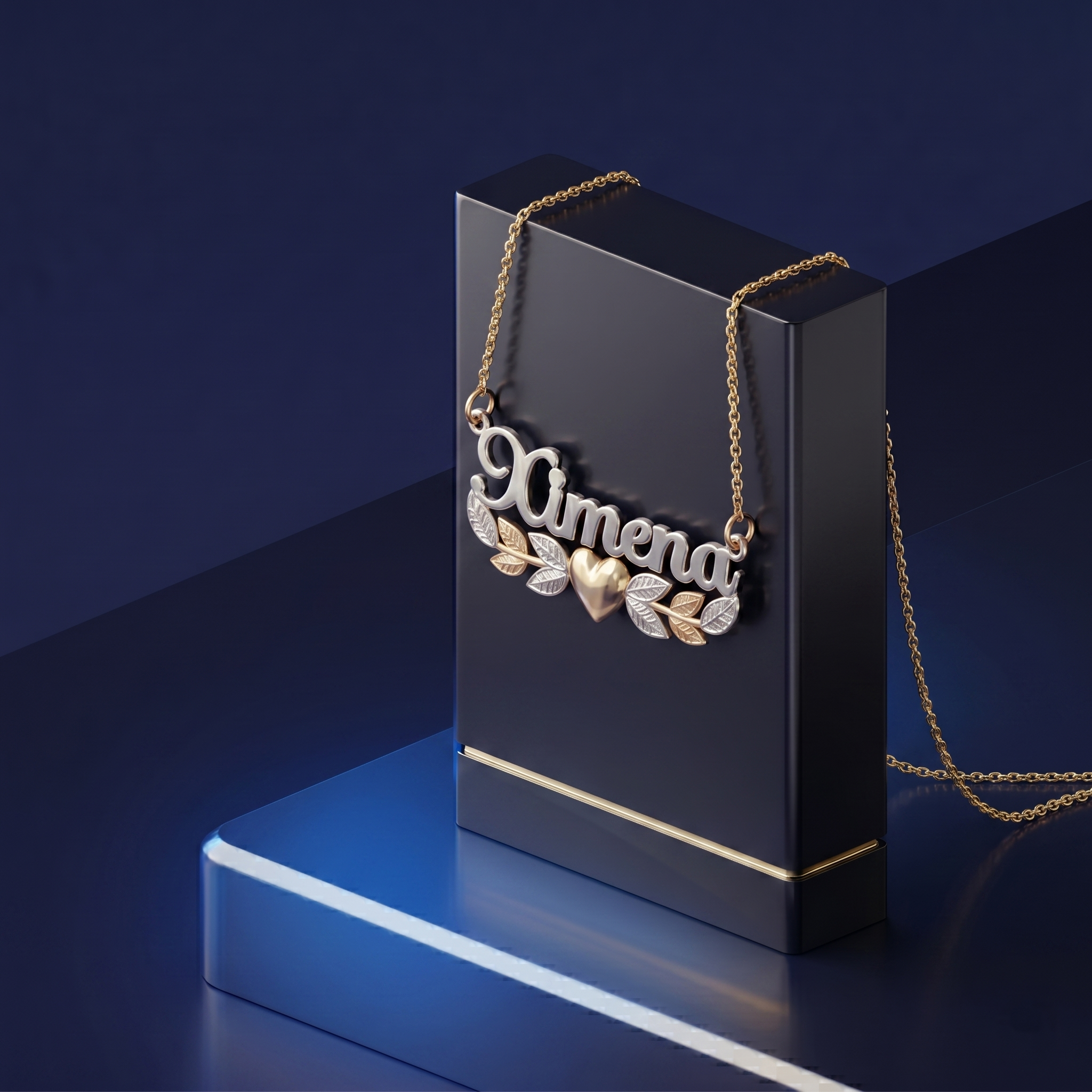 Handcrafted custom gold lettering necklace with heart centerpiece and leaf details, designed in a special signature font with soft satin polish and personalized elegance.