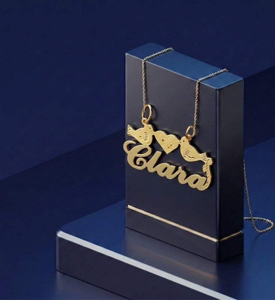 Ultra-delicate custom nameplate pendant inspired by love and nature, crafted in premium gold with a soft-polish finish and minimalist luxury design