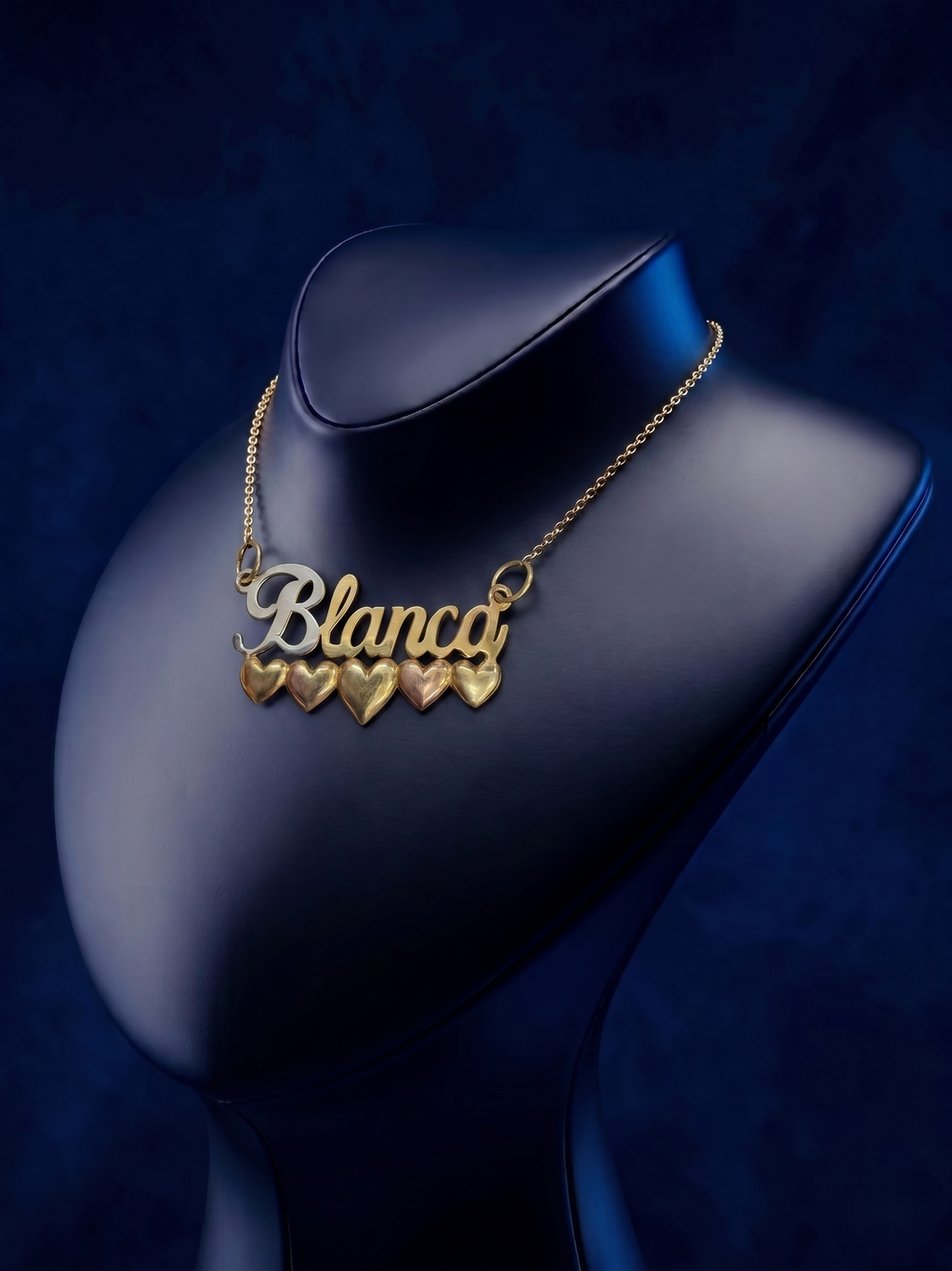 Custom 3D script name necklace in solid 18k gold style, luxury personalized jewelry with soft-polish satin finish and multi-tone hearts, handcrafted fine jewelry from CustomGolds INC.