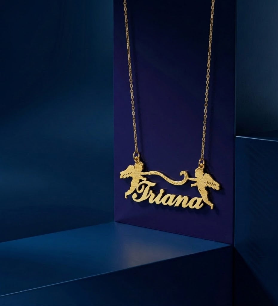 Custom name necklace with angel-inspired design, 14k gold plated personalized nameplate pendant, high-end fine jewelry with polished finish and bespoke engraving detail.