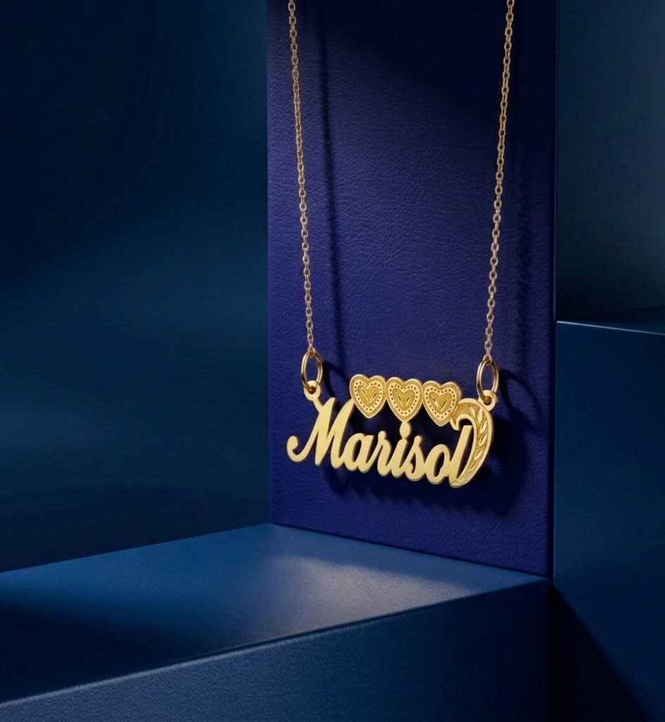 Handcrafted custom triple heart nameplate necklace, luxury personalized gold accessory with elegant script lettering, fine jewelry design combining romantic hearts and premium polished finish