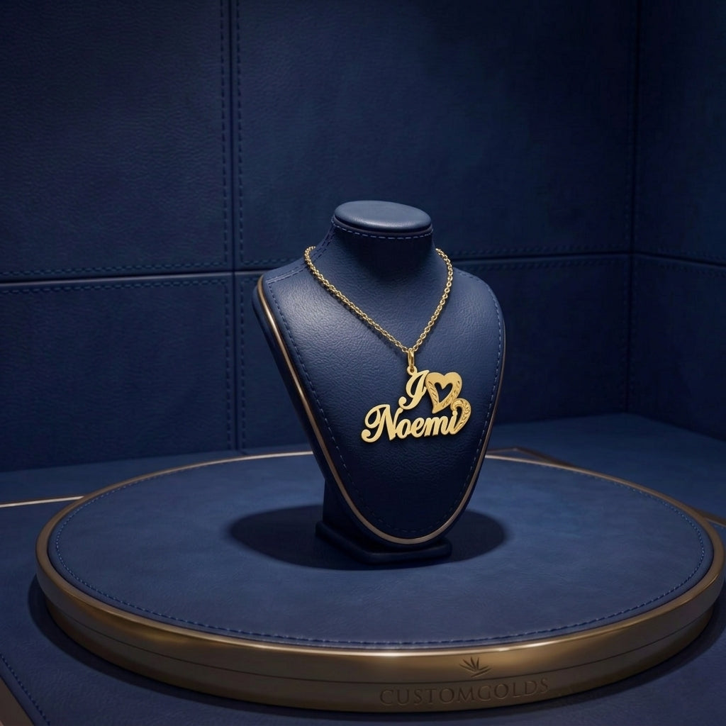 Bespoke piece by master jeweler, custom name necklace on sterling silver base with soft satin polish and premium gold lettering by CustomGolds INC 