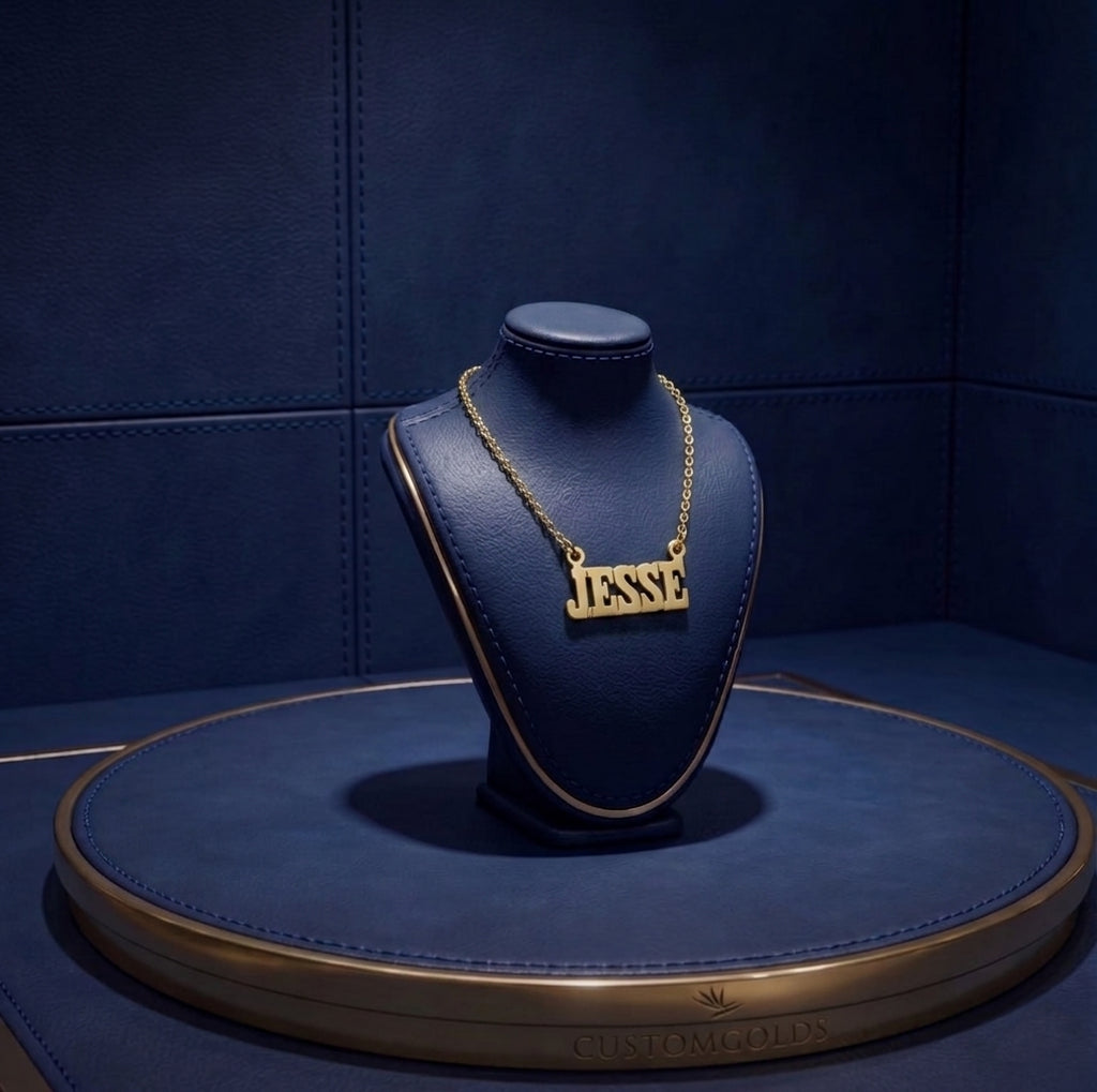 Premium custom English name necklace featuring personalized gothic typography and handcrafted gold pendant artistry for a sophisticated luxury jewelry look from CustomGolds INC⁠