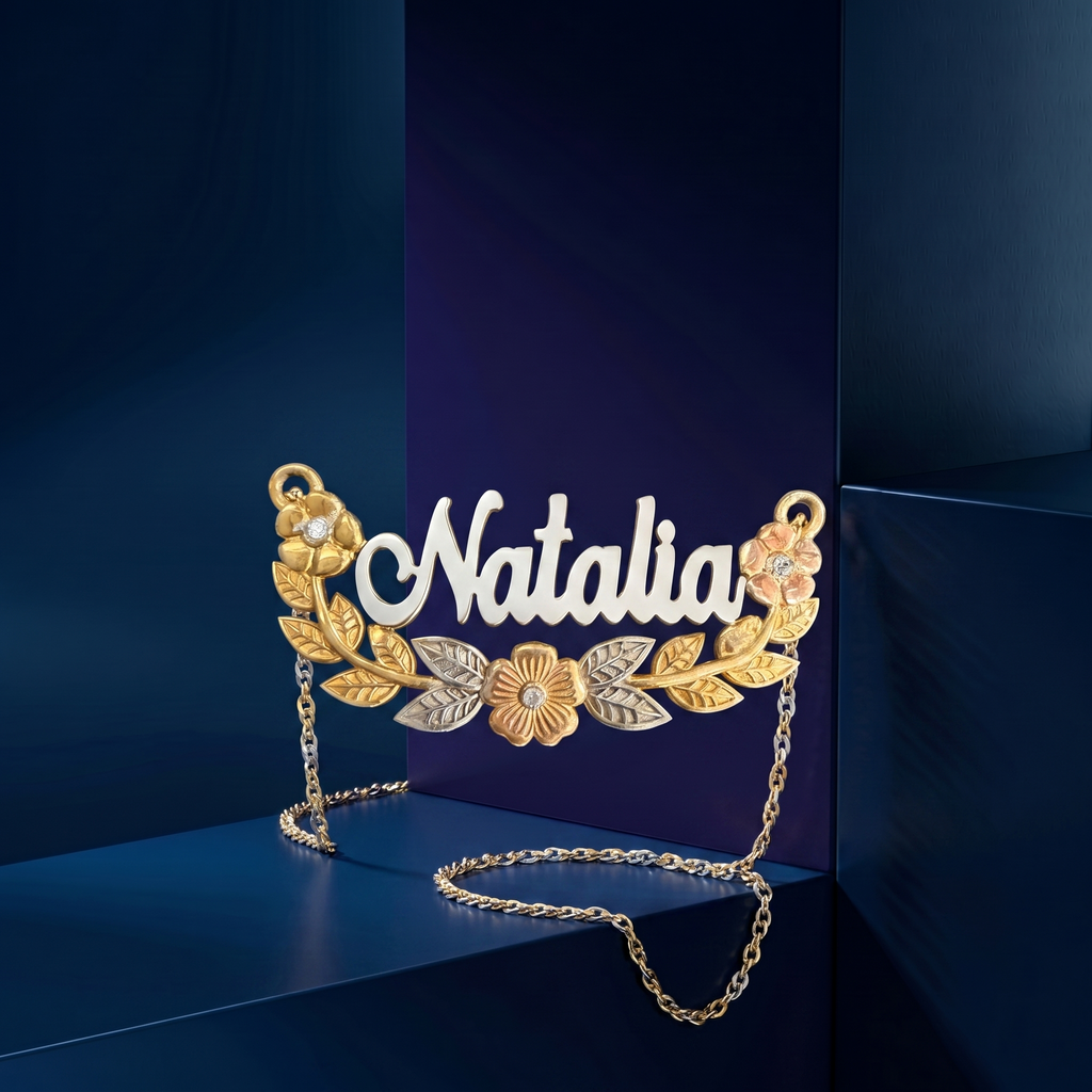 Handcrafted custom name necklace combining yellow gold custom jewelry and sterling silver with exclusive multi-tone luxury design and high-polish craftsmanship
