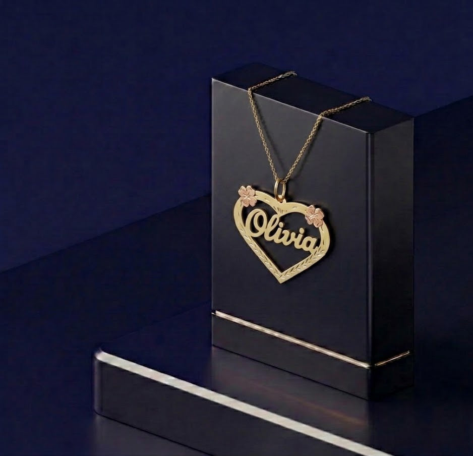 Luxury custom nameplate necklace in a two-tone floral heart design, handcrafted in 18k gold with a bespoke script engraving and premium polished surface.