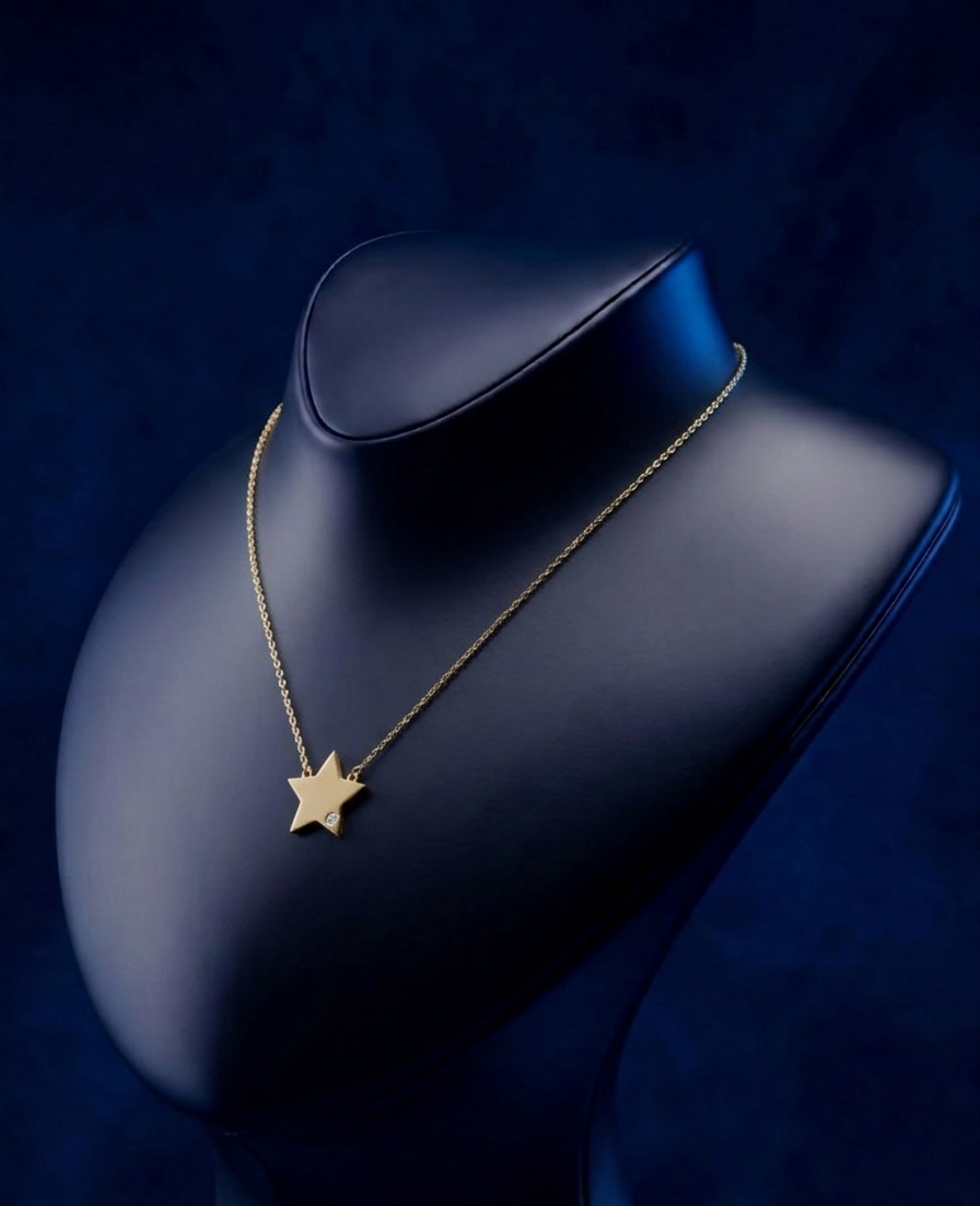 Master jeweler handcrafted minimalist star necklace in 18K solid gold with diamond accent, luxury custom design with soft-polish satin finish, Los Angeles fine jewelry by CustomGolds INC