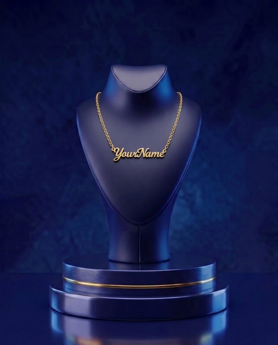 Personalized 14k gold nameplate necklace featuring custom script pendant design with high-polish finish by CustomGolds INC.