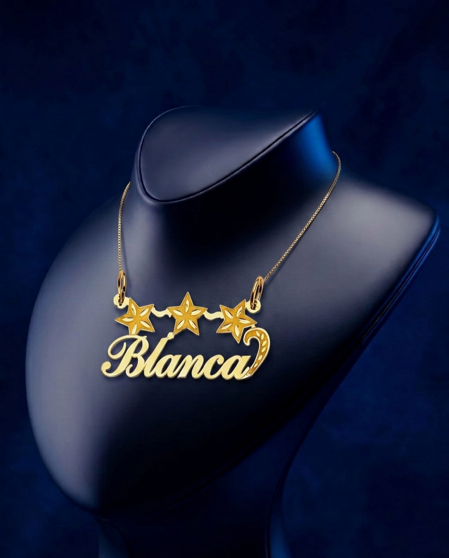 Personalized 14K style name necklace with three stars, elegant nameplate pendant featuring script font, master jeweler handcrafted with polished yellow gold and premium quality finish