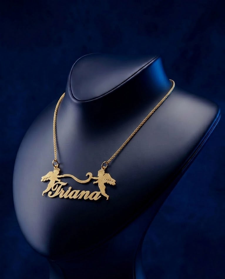 18k gold personalized name necklace with angel motif, custom gold nameplate jewelry crafted in Los Angeles, soft-polish satin finish, premium bespoke fine jewelry piece.