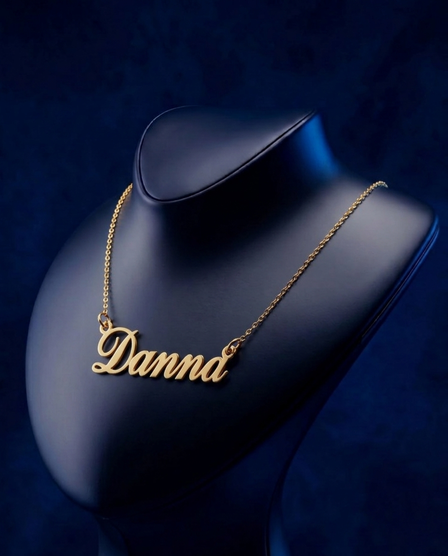 Bespoke custom name necklace featuring flowing script lettering, handcrafted yellow gold pendant with soft satin polish and premium personalized jewelry styling
