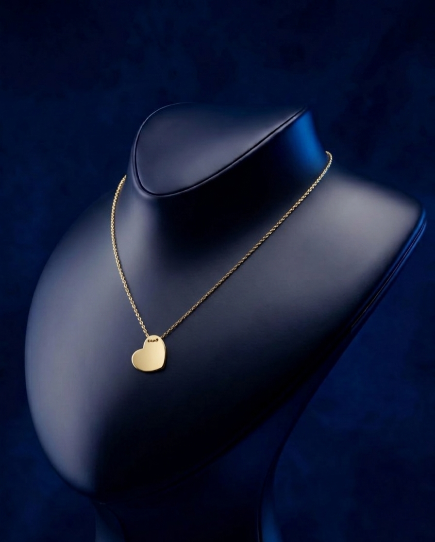 Modern 14k gold heart necklace with custom engraving and signature design aesthetic, a distinctive and lasting jewelry piece by CustomGolds INC