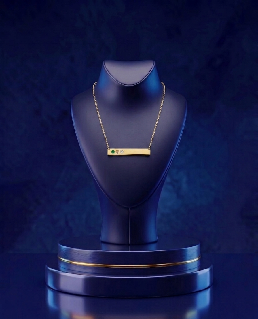 Custom minimalist gold bar necklace featuring trio gemstone accents, crafted in 14k gold jewelry with a sleek high-polish finish and refined bespoke detailing by CustomGolds INC