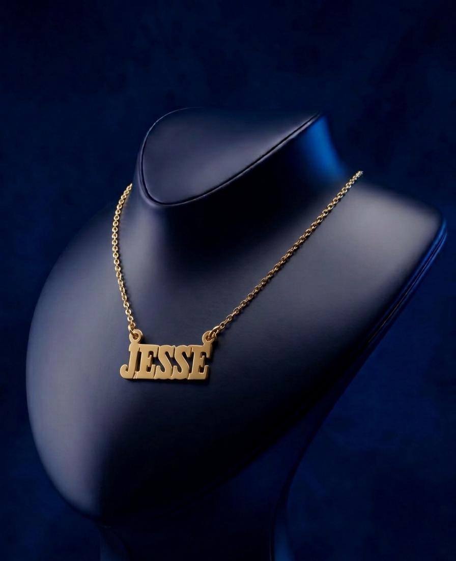 Personalized gothic English name necklace in 18k gold plated finish featuring custom nameplate lettering and handcrafted luxury jewelry styling by CustomGolds INC⁠