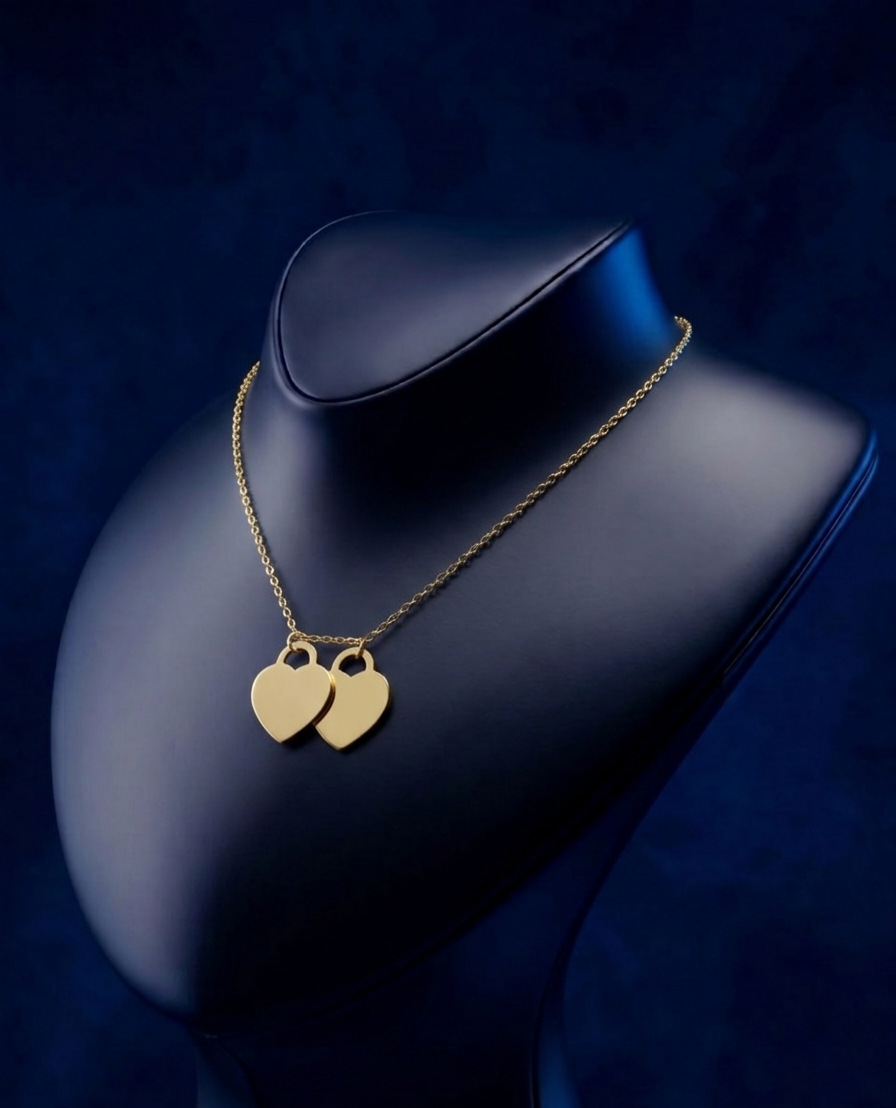 Master jeweler handcrafted double heart tag necklace in 18K solid gold with high-polish yellow gold finish, signature custom jewelry from Los Angeles fine jewelry by CustomGolds INC
