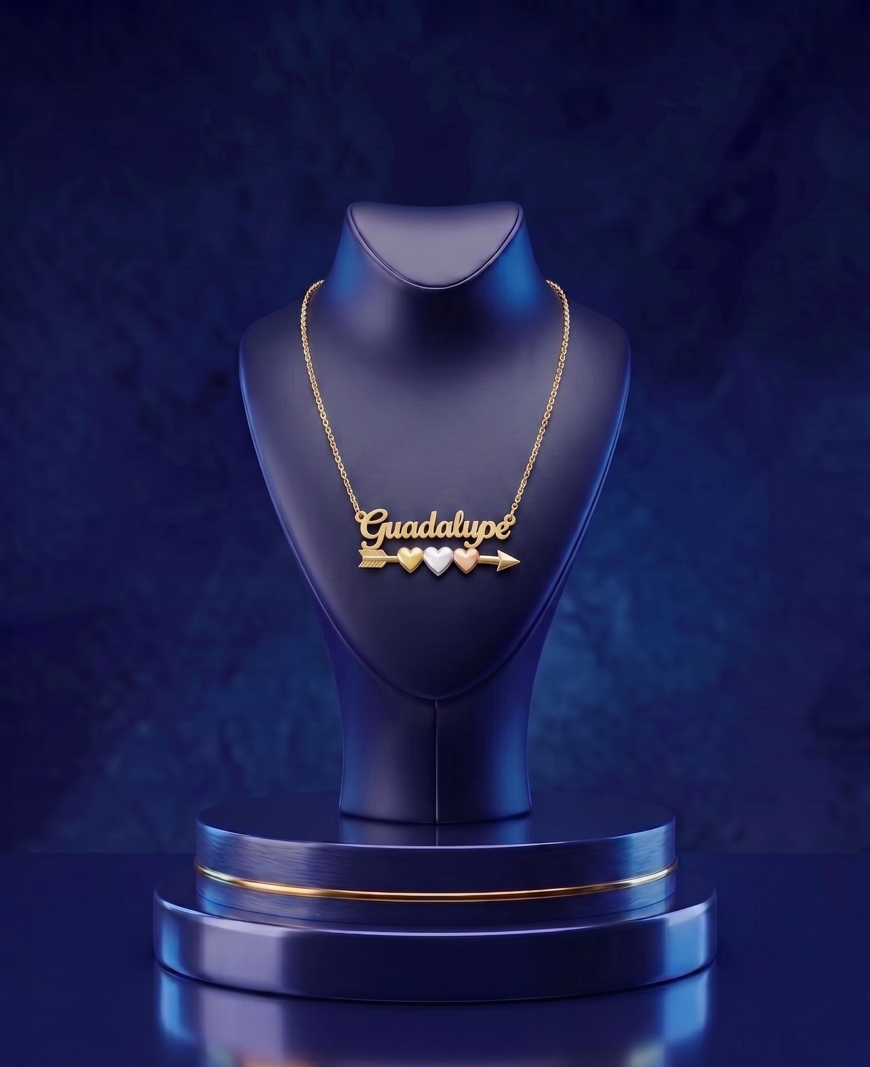 Personalized 3D name necklace with multi-tone gold hearts and arrow design in 14k gold jewelry style by CustomGolds INC featuring custom gold lettering and a high-polish finish.