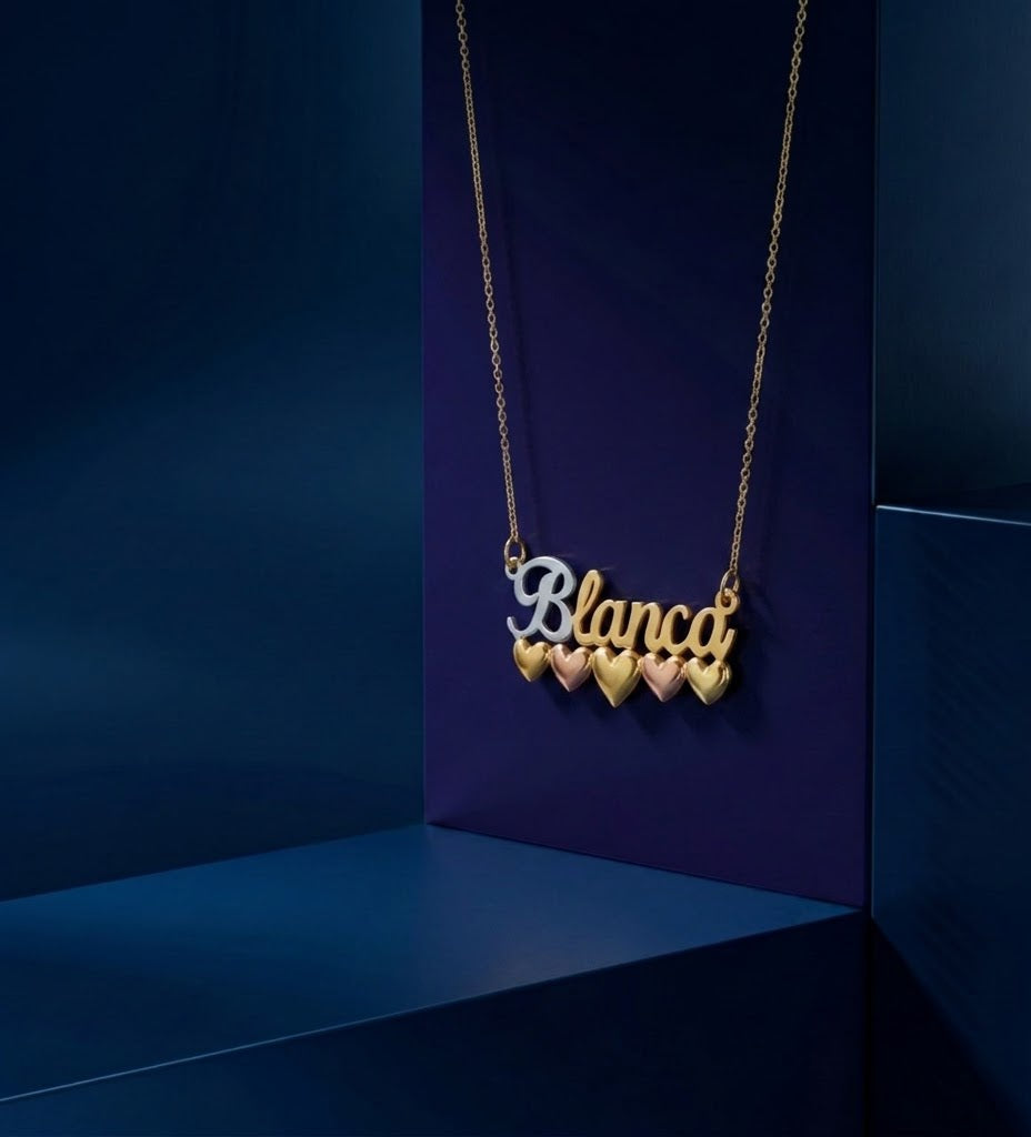 Luxury custom name necklace with 3D script typography and multi-tone heart design, fine jewelry piece in 14k gold style, polished handcrafted pendant by CustomGolds INC.