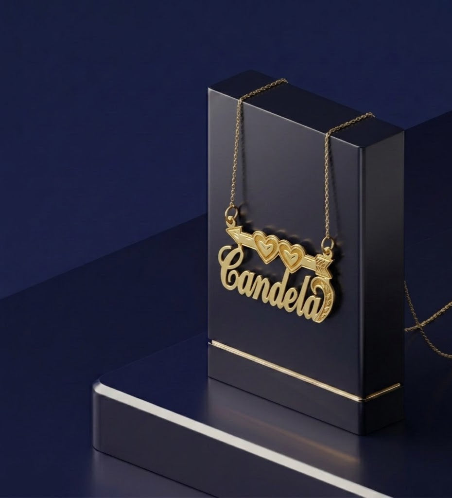 Luxury handcrafted name necklace featuring symbolic double heart and arrow motif, designed in premium yellow gold style with smooth polished surface and custom engraving look