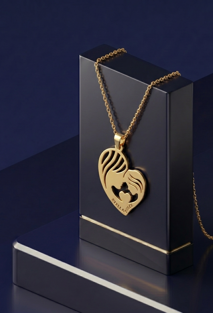 personalized Mother & Child necklace with custom nameplate design, handcrafted gold pendant in yellow gold, premium custom jewelry by CustomGolds INC.
 