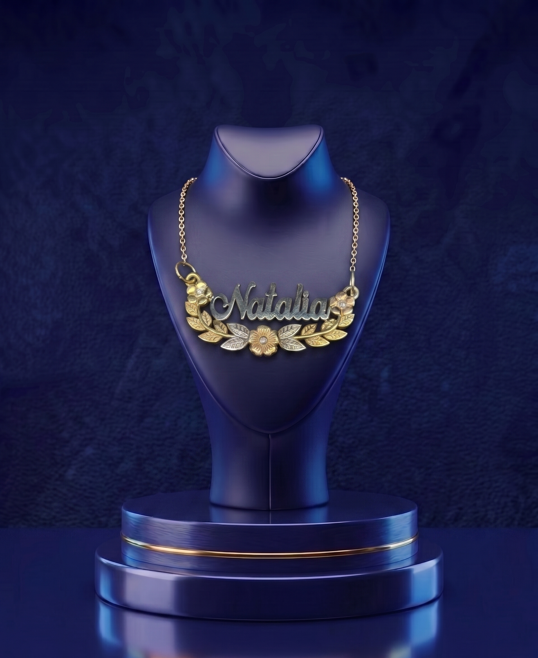 Personalized nameplate necklace in 18k solid gold and premium silver featuring elegant script lettering and handcrafted floral accents
 