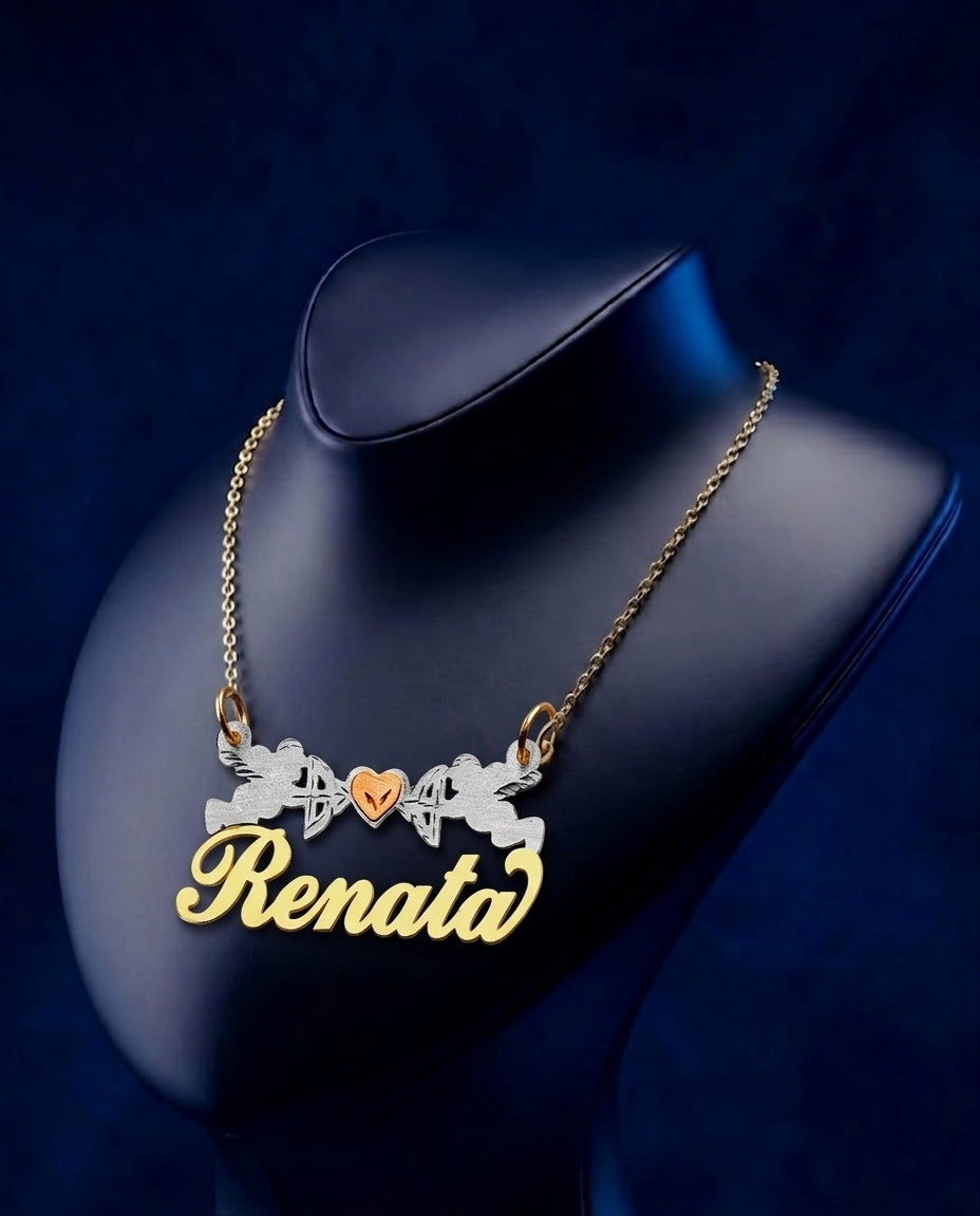 18k solid gold custom name necklace, Tri-Color Double Cupid & Heart nameplate pendant, bespoke jewelry piece with script name necklace design, soft-polish satin finish and luxury personalized gift styling.
