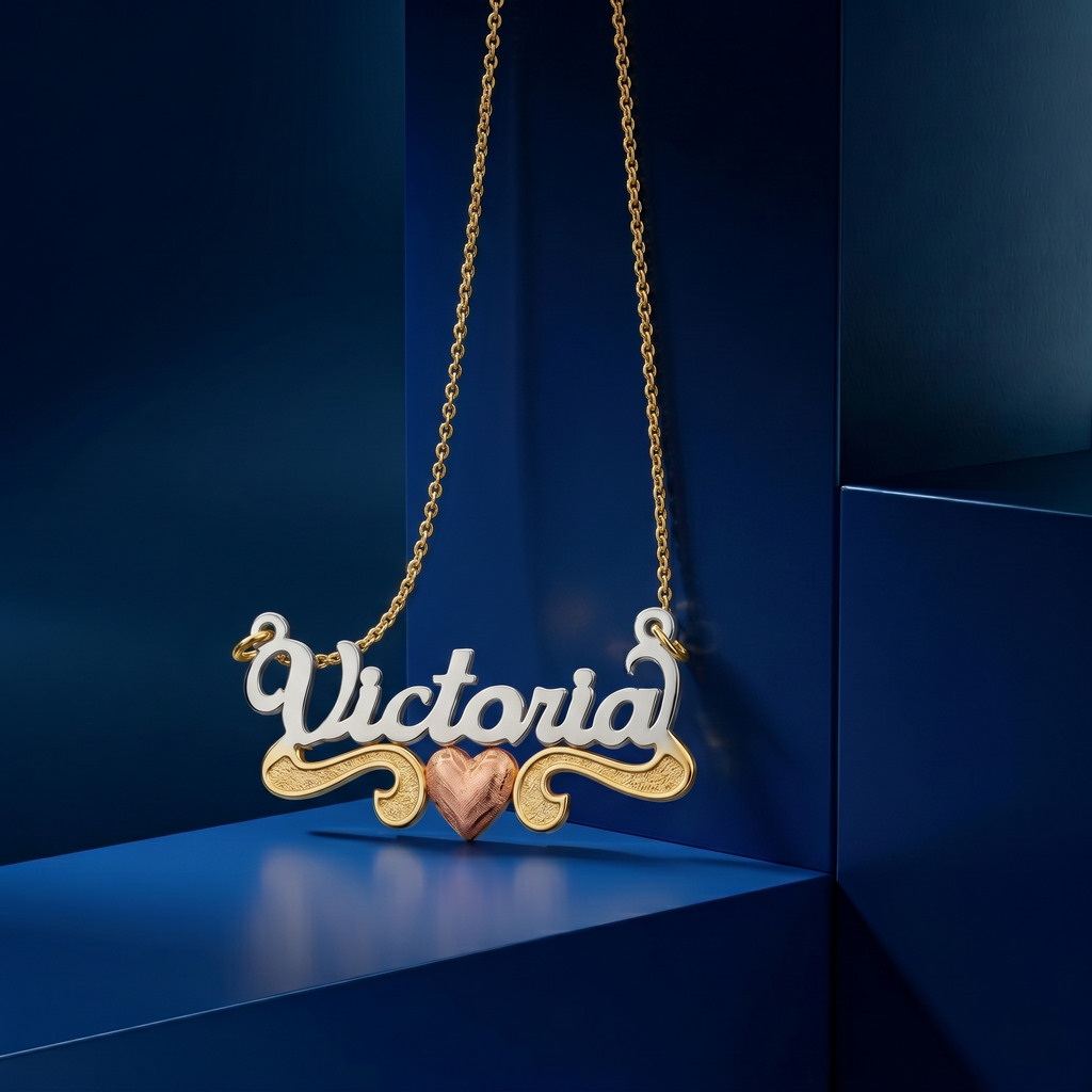 Elegant script name necklace with tricolor gold tones and custom lettering, master jeweler handcrafted luxury personalized gift with refined soft-polish finish.