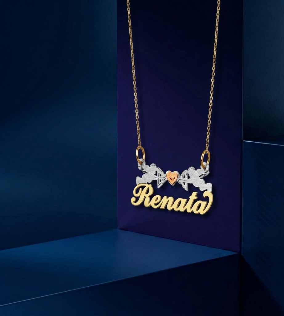 Luxury custom design nameplate pendant featuring double Cupid & Heart motif, personalized name necklace in 14k gold jewelry style, high-polish finish fine jewelry from CustomGolds INC.